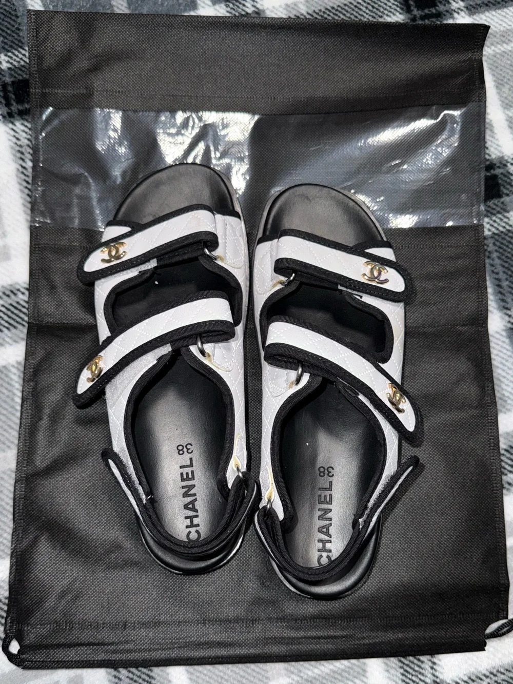 CHANEL Black and White Velcro Strap Sport Sandals with Gold CC